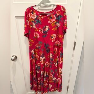 LOFT Plus Size 14 Floral Fit & Flare Midi Dress Pink Short Sleeve Stretch